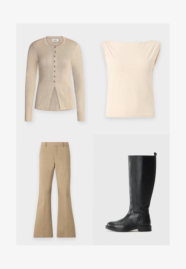 Beige ribstrikket cardigan med lange ærmer, rund halsudskæring, knaplukning foran og en overlappende kantdetalje foran.; Beige ærmeløs bluse med brede skuldre og bådudskæring, vist på en enkel lysegrå baggrund.; CLOSED FELISE - Bukser - urban beige; Sort læder knæhøj støvle med en glat tekstur, rundt tå, minimale sømme og en lav blokhæl. Designet med en trækflap for nem påføring.