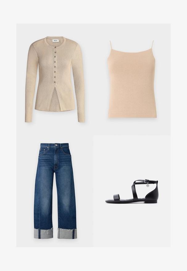 Cardigan en maille côtelée beige avec manches longues, encolure ronde, fermeture à boutons sur le devant et détail de ourlet chevauchant à l'avant.; Camisole en tricot beige avec des bretelles fines, présentant une coupe ajustée et un tissu texturé, idéale pour le superposition ou un usage décontracté.; Jeans en denim bleu foncé à jambes larges avec un ourlet effiloché et des poignets gris clair. Présente un design traditionnel à cinq poches.; Sandale plate noire avec bride à la cheville, bout ouvert et petit pendentif métallique rond près de la boucle sur fond blanc uni.