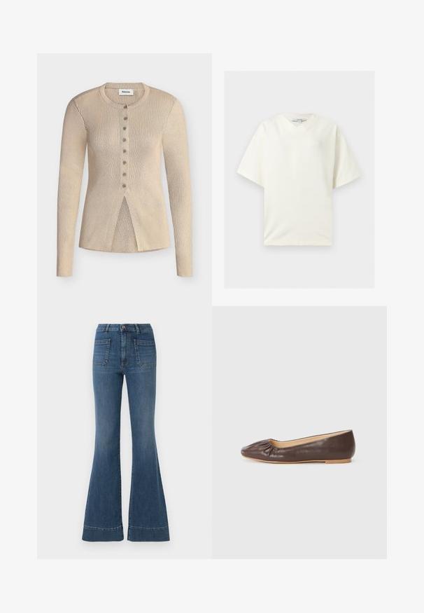 Beige ribstrikket cardigan med lange ærmer, rund halsudskæring, knaplukning foran og en overlappende kantdetalje foran.; Hvid oversized T-shirt med korte ærmer og V-udskæring, lagt fladt ud med en TOPSHOP label indeni kraven.; Bredde blå jeans i en medium vask med høj talje, fem lommer og let falmning ved knæene og lårene.; Brune læder balletflade med en afrundet tå, rynket detaljer foran, og en flad, lysfarvet sål.