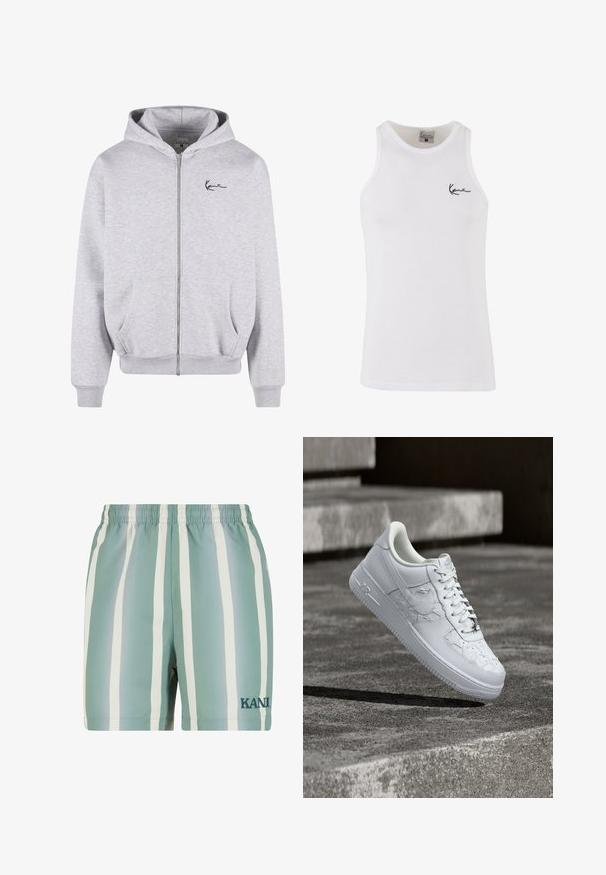 Sudadera gris con cremallera fabricada en un tejido suave, que cuenta con una cremallera frontal, dos bolsillos laterales y un logotipo bordado en negro en el pecho.; Camiseta sin mangas de canalé blanca con escote redondo y logo bordado en negro en el lado izquierdo del pecho. Presenta un diseño ajustado.; Bañadores de color verde menta con rayas verticales blancas. Cuentan con una cintura elástica y un logo bordado de 'KANI' en verde oscuro. Textura suave.; Zapatilla blanca Nike Air Force 1 con patrones de estrellas en relieve y un adorno metálico en forma de estrella en los cordones, flotando sobre una superficie de hormigón.