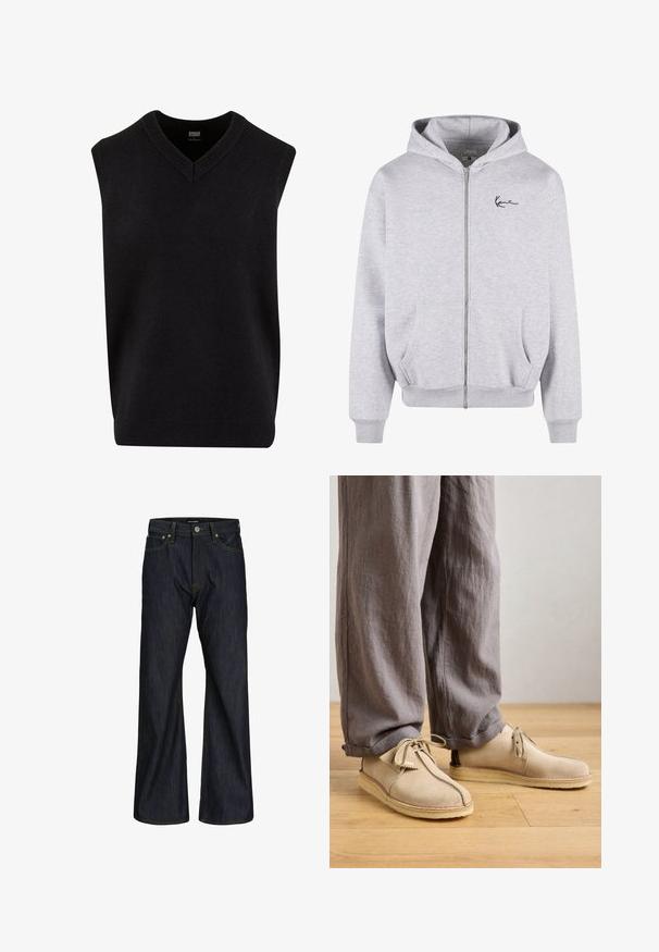 Grauer Reißverschluss-Hoodie aus weichem Material, mit einem Vorderreißverschluss, zwei Seitentaschen und einem schwarz gestickten Logo auf der Brust.; Schwarzer ärmelloser Pullover mit V-Ausschnitt, aus weichem Material gefertigt, mit geripptem Ausschnitt und unterem Saum. Einfaches, klassisches Design.; Dunkelblaue Jeans mit geradem Bein, fünf Taschen, Knopfverschluss und sichtbaren orangen Nähten am Bund und an den Nähten.; Beige Wildlederschuhe mit runder Zehenpartie, Schnürdetails und genähten Akzenten, kombiniert mit lockeren grauen Leinenhosen auf einem Holzboden.
