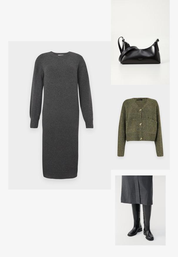 Vero Moda Knitted VMINGRID Knit - Kardigán - grape leaf; Tmavošedé pletené šaty s dlhými rukávmi, okrúhlym výstrihom a rebrovanými manžetami. Dĺžka po lýtka a hladká textura. Jednoduchý dizajn bez vzorov.; Čierne kožené čižmy po kolená s hladkou textúrou, bočnými zipsami a plochou podrážkou. Čižmy majú štruktúrovaný lem a minimálne doplnky.; Čierna kožená kabelka s hladkou textúrou. Obsahuje nastaviteľný popruh a elegantný, minimalistický dizajn so zipsovým uzatvorením.