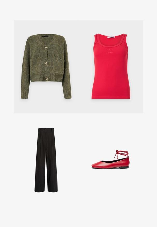 Vero Moda Knitted VMINGRID Knit - Neuletakki - grape leaf; Punainen ribbineuloksinen hihaton toppi, pyöreä pääntie ja pieni "CPH Studios" -logo keskitettynä lähelle pääntietä.; Musta korkeavyötäröiset leveälahkeiset housut, joissa on vyölenkit, etupainike ja hillitty pystysuora rakenne.; Punainen nahkainen balettitossu, jossa on neliskulmainen varvas ja kierretty nilkkanyöriyksityiskohta. Sileä pinta ja pieni musta korko.