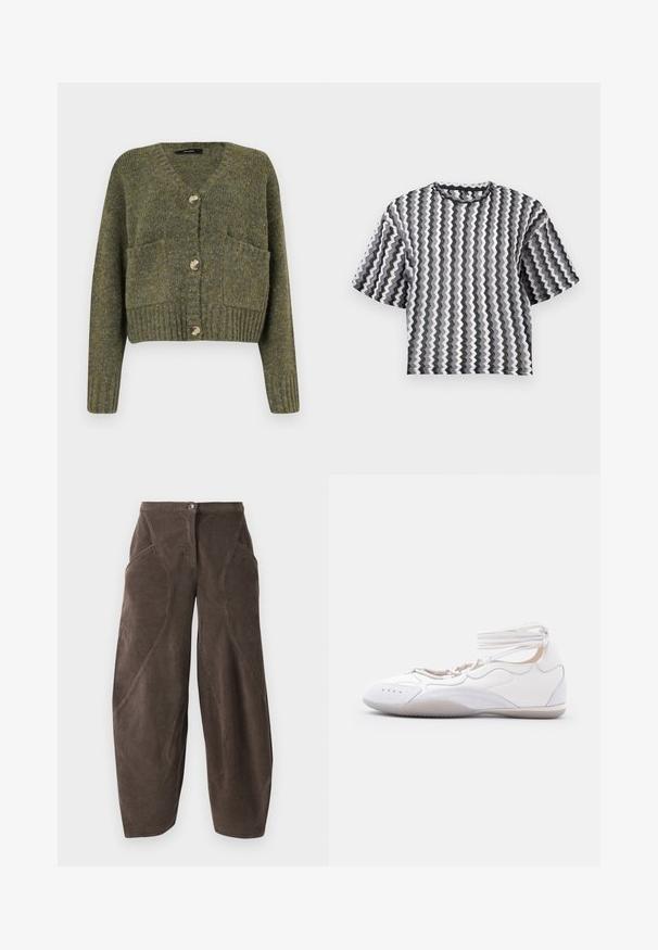 Vero Moda Knitted VMINGRID Knit - Gilet - grape leaf; Haut en maille manches courtes avec des rayures verticales en zigzag noir, blanc et gris, avec un col rond, présenté sur un fond uni.; Pantalon en velours côtelé marron à jambes larges, taille haute, fermeture à bouton sur le devant et détails de couture en biais sur les jambes.; Chaussure plate blanche avec brides de cheville, bout arrondi et détails cousus, conçue pour un usage décontracté ou sportif léger.
