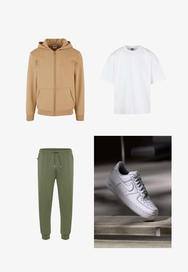 Beige zip-up hoodie gemaakt van een zachte katoenmix. Voorzien van een capuchon met trekkoord, twee voorzakken en ribgebreide manchetten en onderrand.; Witte korte mouw t-shirt met een ronde hals, gemaakt van katoen, met een ontspannen pasvorm en minimale stiksel-details.; Joggingbroeken in olijfgroen gemaakt van zachte stof, voorzien van een taille met trekkoord, zijzakken en geribbelde boorden voor een goede pasvorm.; Witte Nike Air Force 1 sneaker van leer met geperforeerde neus, platte veters en een gestructureerde rubberen zool met "AIR"-logo aan de zijkant.