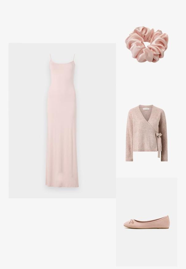 Lyserød strikket omslagscardigan med lange ærmer og bindebånd i siden.; Rosa, ærmeløs maxikjole med en tætsiddende bodice og flydende skørt. Lavet af blødt, glat stof med et minimalistisk design og uden synlige mønstre.; Ballet flats lavet af blødt lyserødt ruskind med en rund tå og en lille sløjfedetail foran, samt en lav flad sål.; Lyserød satin scrunchie med samlet stof og en blød, skinnende tekstur til at binde hår.
