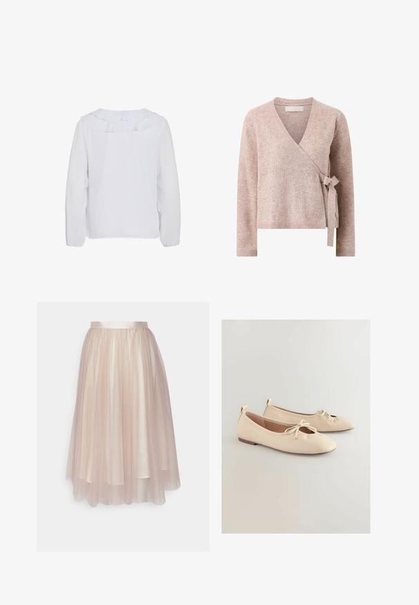 Suéter envolvente tejido de color rosa claro con mangas largas y cierre lateral con lazo.; Blusa blanca de manga larga con cuello con volantes, textura lisa y puños elásticos. Diseño simple y limpio, adecuado para diversas ocasiones.; Ida Sjöstedt FLAWLESS SKIRT - Falda acampanada - warm beige; Zapatillas de ballet beige con puntera redonda, pequeño detalle de lazo y suela baja y plana. Textura suave con un diseño minimalista.