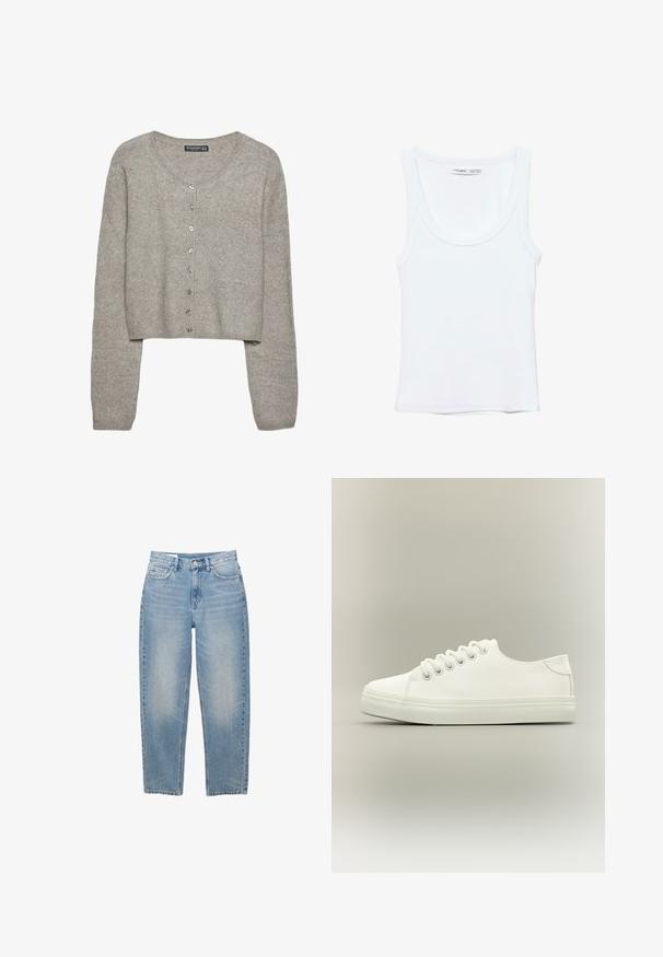 Cardigan court gris clair en tricot doux avec des manches longues, un col rond et six boutons métalliques sur le devant.; Débardeur blanc uni sans manches avec encolure arrondie, fabriqué en tissu doux, étiquette à l'intérieur du col indiquant la marque et la taille.; Jean en denim bleu clair à jambes droites avec bouton frontal, fermeture éclair et cinq poches, présenté sur un fond blanc.; Baskets basses blanches avec lacets blancs et semelle en caoutchouc, vues de côté sur un fond neutre.