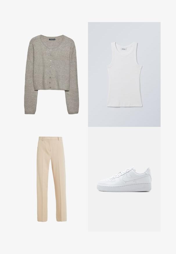 Cardigan court gris clair en tricot doux avec des manches longues, un col rond et six boutons métalliques sur le devant.; Débardeur en coton blanc avec un col rond et des bretelles larges. Présente une texture côtelée et un ourlet droit. Étiquette affichée sur le col.; Pantalons beige ajustés en tissu lisse, avec une coupe droite, des poches latérales et des détails de pli à l'avant.; Baskets blanches basses Nike Air Force 1 avec fermeture à lacets, bout perforé, et logo swoosh signature sur le côté.