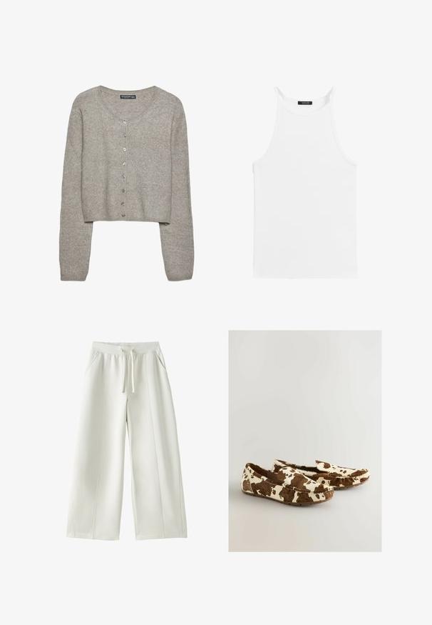 Lys grå cropped cardigan lavet af blødt strik med lange ærmer, rund halsudskæring og seks metalknapper foran.; Hvid ærmeløs top med tynde stropper og høj halsudskæring, lagt fladt på en hvid baggrund.; Hvide bukser med vide ben, elastik i taljen, snøre foran, sidelommer og synlige syninger på ensfarvet baggrund.; Ko-mønster loafers lavet af blødt materiale med brun og hvidt mønster, der har slip-on design og flad gummisål.