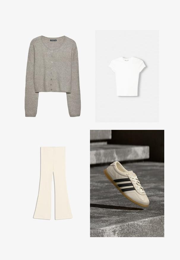 Cardigan court gris clair en tricot doux avec des manches longues, un col rond et six boutons métalliques sur le devant.; T-shirt blanc à manches courtes en coton doux, avec un col rond et une coupe ajustée. Pas de motifs ni d'ornements visibles.; Pantalon en maille côtelée couleur crème avec design de jambes évasées, présenté à plat sur un fond blanc.; Baskets blanches avec des bandes noires et une semelle en gomme flottant au-dessus d’escaliers en béton dans une lumière douce du jour.