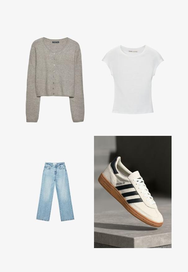Lys grå cropped cardigan lavet af blødt strik med lange ærmer, rund halsudskæring og seks metalknapper foran.; Hvid bomuld t-shirt med korte, opsmøgede ærmer, rund halsudskæring og lige kant. Glat tekstur uden synlige mønstre eller detaljer.; Lyseblå denim bukser med bred benvidde og høj talje, præget af en falmet vask og små, spredte slidte detaljer overalt.; Hvide ruskinds sneakers med marineblå striber, gummisål, struktureret overdel, rund tå og snøring; har branding på siden og tungen.