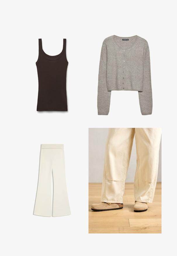Lys grå cropped cardigan lavet af blødt strik med lange ærmer, rund halsudskæring og seks metalknapper foran.; Ærmeløs mørkebrun ribbet tanktop med rund halsudskæring, lagt fladt på hvid baggrund.; Kremfarvede bukser med høj talje og vide ben med foldet linning, vist på en hvid baggrund.; Beige vidde bukser iført med tan ruskinds Birkenstock klipklapper på et lyst trægulv.