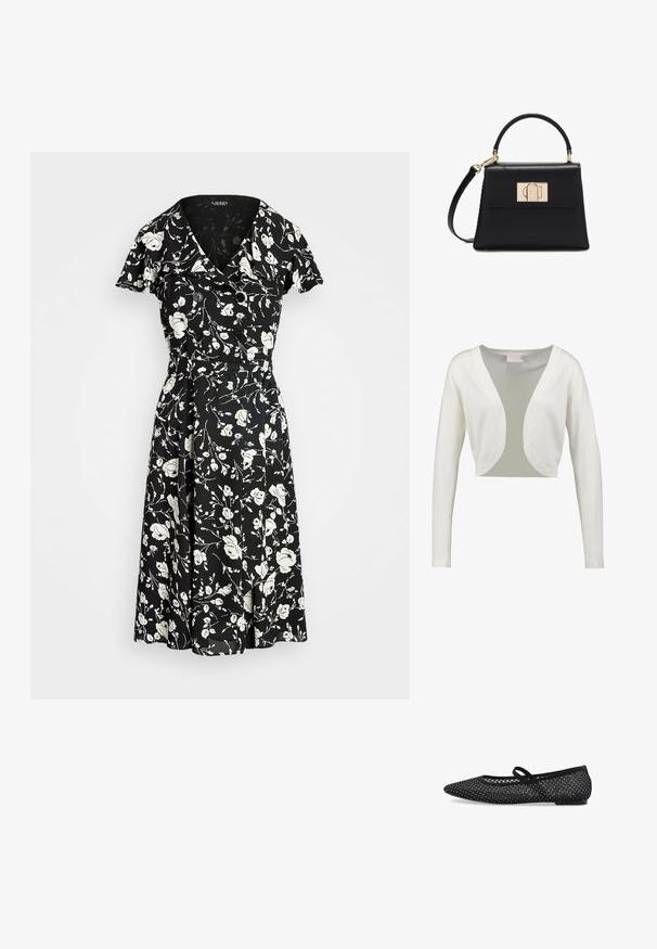 Hvid, cropped cardigan med lange ærmer, en dyb V-udskæring og en glat overflade. Letvægts stof med en gennemsigtig rygpanel.; Sort kjole med hvidt blomstertryk, korte ærmer, V-hals og knapdetaljer. Udflydende skørt for en let og luftigt pasform. Materialet ser let ud.; Sorte flade sko med spids tå design, netoverdel med rhinestones og en tynd strop for sikker pasform. Flad sål.; Sort læderhåndtaske med tophåndtag, aftagelig skulderrem og gyldent rektangulært spænde på den forreste klap.