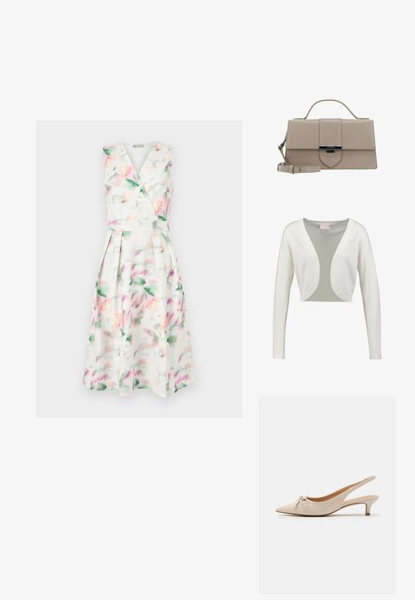 Cardigan blanc, court, avec des manches longues, un décolleté en V profond et une finition lisse. Tissu léger avec un panneau arrière transparent.; Robe midi blanche sans manches avec imprimé floral aquarelle pastel, corsage cache-cœur en V, taille cintrée et jupe plissée.; Escarpins slingback en cuir verni beige avec un bout pointu et un nœud décoratif sur le devant. Comprennent un talon bas et fin ainsi qu'une texture lisse.; LANCASTER PARIS ILY - Sac à main - beigefonce