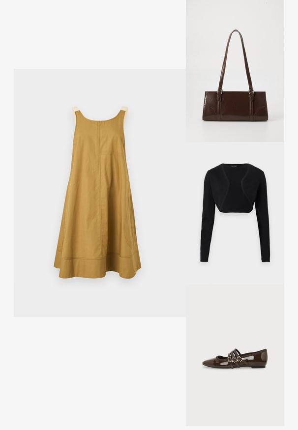 Boléro noir court à manches longues et devant ouvert, confectionné dans un tissu léger.; Robe sans manches jaune moutarde en forme trapèze avec larges bretelles crème, couture à l'avant et détails de surpiqûres à l'ourlet, présentée sur un fond clair uni.; Chaussure plate en cuir verni marron avec bout pointu et trois brides ajustables à boucle sur le côté, vue du profil extérieur.; Sac à main en cuir verni marron de forme rectangulaire, avec deux longues poignées et des accents courbés subtils à l'avant.