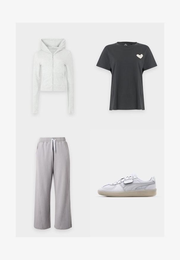 Grijze cropped hoodie met een ritssluiting aan de voorkant, grote capuchon, lange mouwen en geribbelde boorden. Gemaakt van zacht, gestructureerd sweatshirtmateriaal.; Zwart T-shirt met korte mouwen en ronde hals, met een klein wit hartvormig ontwerp op de linkerborst.; Lichtgrijze, wijde sweatpants met elastische tailleband en witte trekstring, voorzien van zijzakken en naaddetails langs de pijpen.; Witte leren sneaker met grijze accenten, vetersluiting en een gestructureerde rubberen zool. Heeft een opvallend logo aan de zijkant.