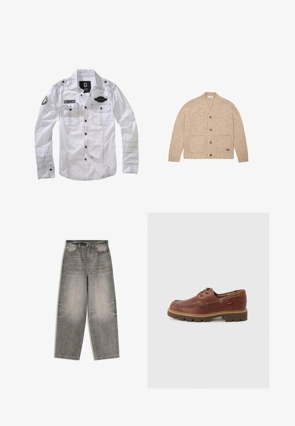 Beige strikket cardigan med lange ærmer, frontknapper, to forlommer og et lille broderet logo på den nederste højre lomme.; Hvid langærmet skjorte med sort syning, to brystlommer og et mærke på den ene ærme. Har knaplukning fortil og krave.; Grå denimjeans med vide ben, frontknap, lynlåslukning, bæltestropper og fem-lomme design lagt fladt på en hvid baggrund.; Brun læder bådsko med snørebånd, tanfarvet sål, rund tå og syning i moc tå-design på hvid baggrund.