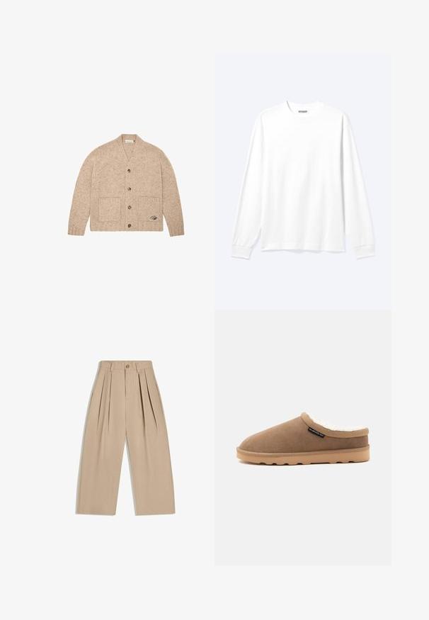 Cardigan en tricot beige à manches longues, avec des boutons sur le devant, deux poches avant et un petit logo brodé sur la poche inférieure droite.; Chemise blanche unie à manches longues avec col rond et poignets côtelés, présentée sur un fond clair neutre.; Pantalon beige taille haute à jambes larges avec plis, passants pour ceinture et fermeture à bouton à l'avant.; Chausson marron à enfiler avec semelle beige et doublure blanche duveteuse, étiquette latérale avec logo Quiksilver, présenté de profil sur fond uni.