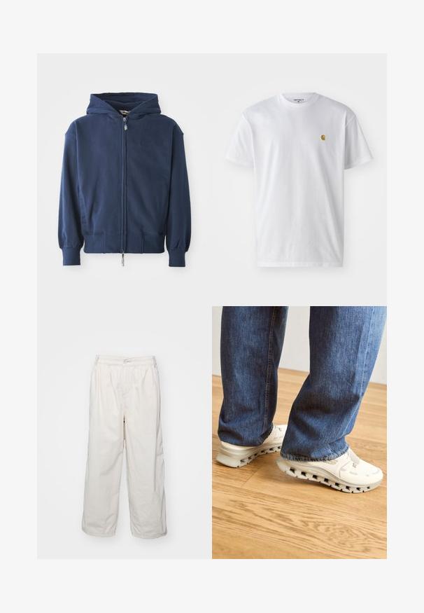 Sudadera con cremallera en azul marino, hecha de tejido suave, que presenta una capucha con cordón, puños acanalados y bolsillos laterales. Diseño sencillo con mínima branding.; Camiseta de algodón blanca con mangas cortas, cuello redondo, que presenta un pequeño logo dorado en la parte izquierda del pecho. Textura suave y corte regular.; Pantalones de algodón blancos de pernera ancha con cinturilla elástica, con cierre de botón en la parte delantera y bolsillos laterales. Textura suave y diseño minimalista.; Zapatillas blancas con un upper texturizado, que presentan una suela gruesa con cortes. Llevadas con jeans de mezclilla azul, de pie sobre un suelo de madera.