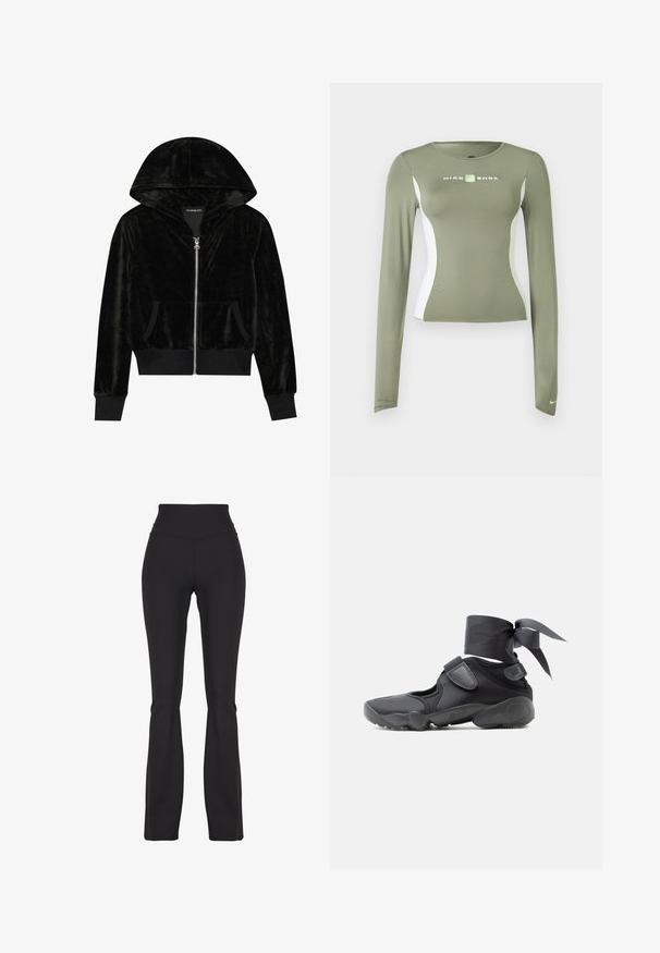 Must must raha kahvliga kapuutsiga, esi-taskud ja soonikkoes. Sujuv tekstuur ja lihtne disain, keskendudes mugavusele.; Õlivärvi rohelise pika varrukaga Nike Shox topp, valgete külgpaneelide ja neoonroheliste aktsentidega, keha järgiva lõikega ning väikese Swooshi logoga varruka mansetil.; Mustad flared retuusid venivast kangast, kõrge vöökoha ja siledaga, disainitud mugavuseks ja liikuvuseks.; Must sportlik kets lõhikute, takjakinnituste ja pahkluu ümber seotud paelaga, vaadatuna küljelt valgel taustal.