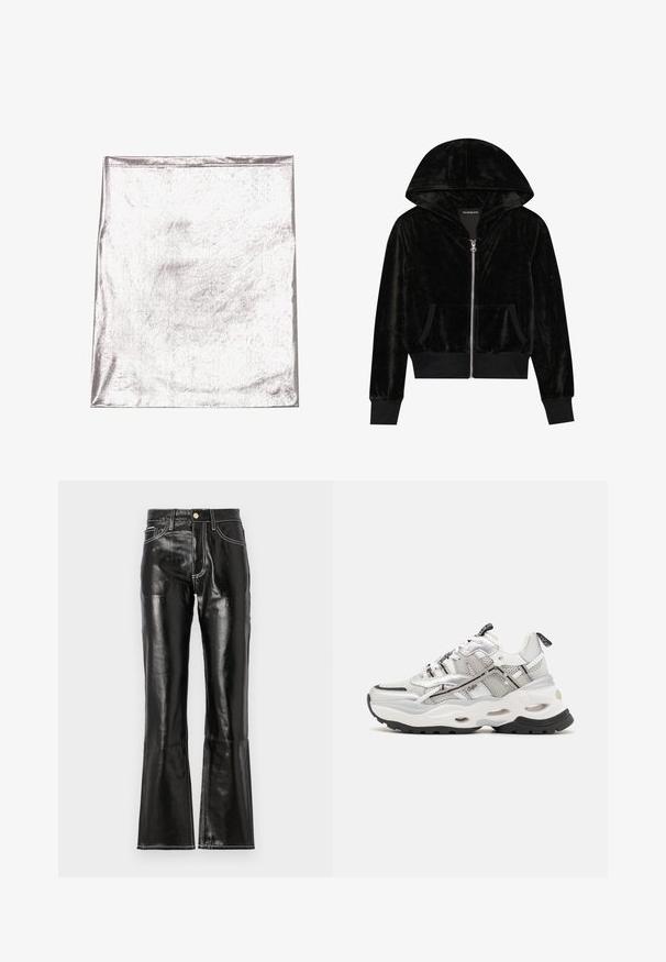 Sort velour zip-hoodie med en buet hætte, frontlommer og ribbede manchetter. Glat tekstur og enkelt design med fokus på komfort.; Metallic sølv stof med en glat tekstur og let glans. Rektangulær form, kanter pænt syet, ingen fremtrædende mønstre eller detaljer.; Sorte, højtaljede, flagrende bukser lavet af skinnende materiale med kontrastfarvet hvid syning og en frontlynt. To frontlommer inkluderet.; Hvide og grå atletiske sneakers lavet af mesh og syntetiske materialer, tyk sål, fremtrædende sort dæksål og snørredesign med accenter.
