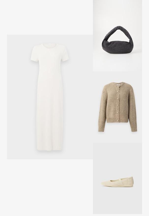 Beige chunky strikket cardigan med lange ærmer og seks stofbetrukne knapper foran, med en rund halsudskæring.; Beige, kortærmet kjole i knælængde lavet af blødt bomuldsstof. Har rund halsudskæring og en enkel, lige silhuet.; Lysebrune ballet flats med en glat læderoverflade, mandelformet tå og elastisk rem over vristen, med diskrete syninger.; Mørkegrå stofpose med et buet håndtag, blød tekstur og rund form. Ingen synligt hardware eller pynt.