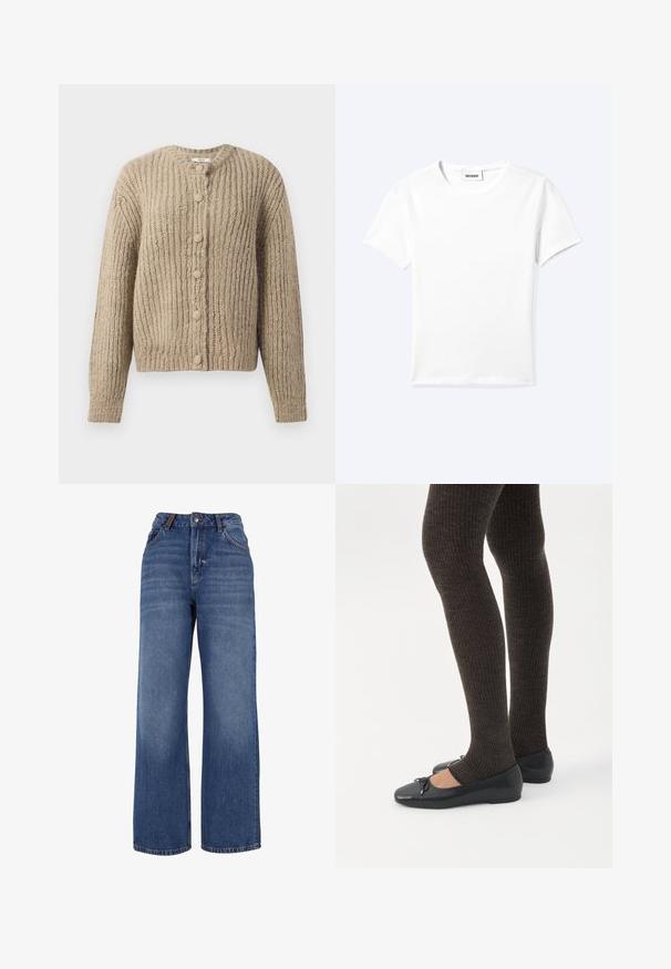 Beige chunky strikket cardigan med lange ærmer og seks stofbetrukne knapper foran, med en rund halsudskæring.; Ensfarvet hvid t-shirt med korte ærmer og rund halsudskæring med en lille "WEEKDAY" label indeni halskanten, vist fladt på en lys baggrund.; Breddebenet denim jeans lavet af medium-vægt blå bomuldsstof. Har klassisk fem-lomme design og en lynlås med knaplukning.; Ben iført mørke ribbede leggings kombineret med sorte balletsko med små sløjfedetaljer på hvid baggrund.