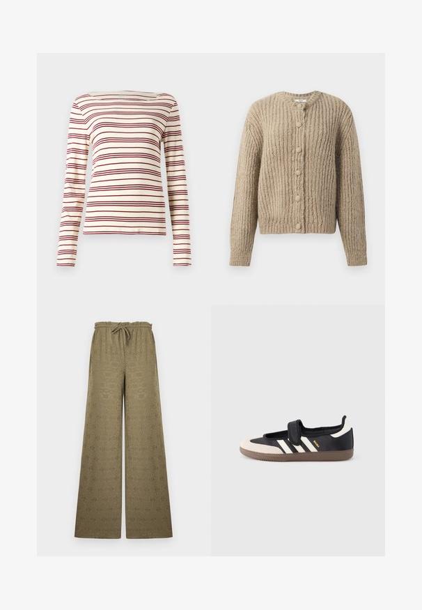 Beige chunky strikket cardigan med lange ærmer og seks stofbetrukne knapper foran, med en rund halsudskæring.; Langærmet top i creme med maroon vandrette striber; bådudskæring; blødt stof; tætsiddende design med let stræk.; Khakifarvede bukser med vide ben og hulmønster, elastisk talje og snøre, vist mod en enkel lys baggrund.; Sort og beige sko med velcrolukning, tre hvide striber på siden og en tekstureret brun gummisål. Mærkelogo er synligt.