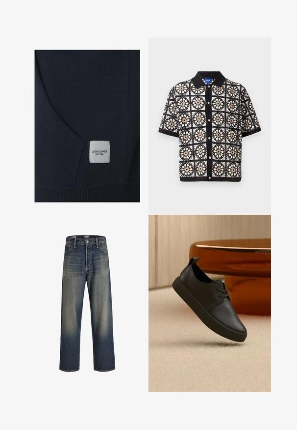 Marineblauwe sweatshirtstof met een voorkantzak, geribbelde zoom en een wit label met de tekst "JACK & JONES EST. 1990." Gelaagde stof.; Zwart shirt met korte mouwen en ingewikkelde witte en beige bloemige haakpatronen, met een knoopsluiting aan de voorkant en een platte kraag.; Wijde jeans in donkerblauwe denim met een gradientafwerking, voorzien van een knoopsluiting, vijf zakken en gestructureerde stikdetails.; Zwarte leren casual sneaker met veters, zwevend boven een beige tapijt, met een amberen glazen ronde tafel op de achtergrond.