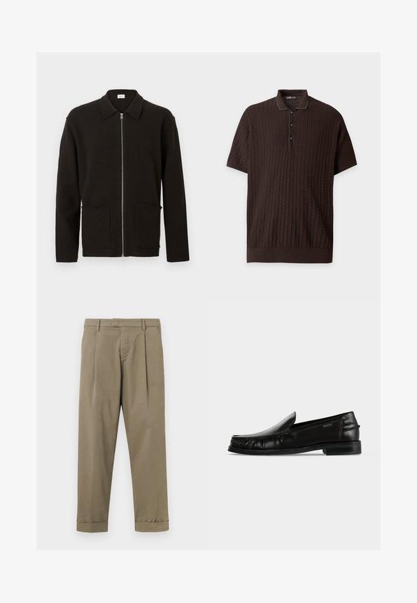 Cardigan marron foncé à fermeture éclair avec deux poches avant et un col, présenté sur un fond clair uni.; Polo en maille à manches courtes marron foncé avec motif chevron texturé et trois boutons sur la patte de boutonnage frontale.; Pantalon kaki avec plis, en mélange de coton lisse, présentant une coupe droite et des revers roulés à l'ourlet.; Mocassin en cuir noir à enfiler avec des détails tressés sur les côtés et un petit talon sur fond blanc uni.