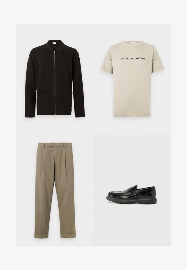 Cardigan marron foncé à fermeture éclair avec deux poches avant et un col, présenté sur un fond clair uni.; T-shirt en coton beige clair à manches courtes, col ras du cou, avec le texte noir "TIGER OF SWEDEN" imprimé de manière centrale sur le devant.; Pantalon kaki avec plis, en mélange de coton lisse, présentant une coupe droite et des revers roulés à l'ourlet.; Mocassin en cuir noir avec une finition brillante, bout arrondi, détails de couture subtils et semelle en caoutchouc épaisse pour la durabilité.