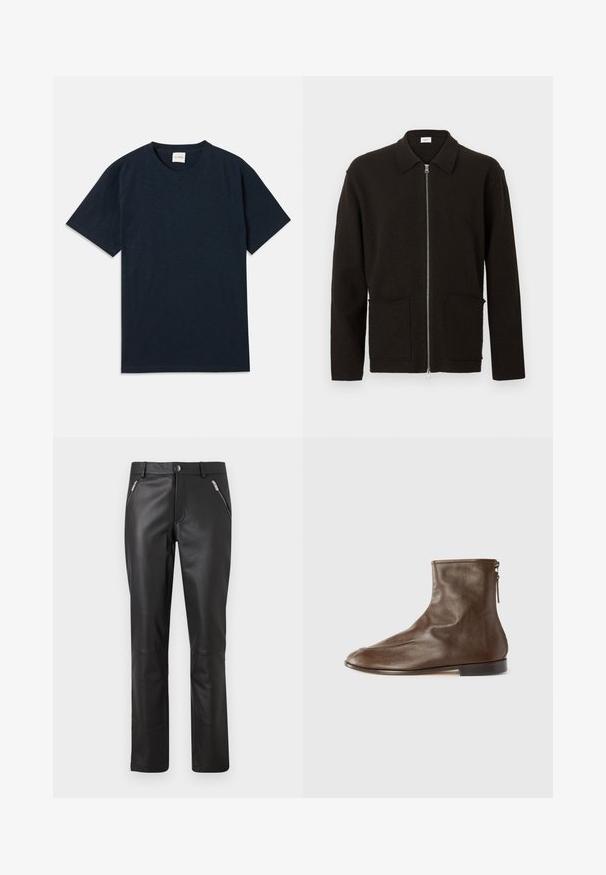 Mørkebrun cardigan med lynlås, to forlommer og en krave, vist mod en ensfarvet lys baggrund.; Ensfarvet mørkeblå kortærmet t-shirt med rund hals og lille præget logo nær den nederste kant.; Sorte læderbukser med slim fit, der har to lynlåsforholdte forlommer, lynlåslukning og en glat tekstur.; Brun læderankelsk boot med en glat overflade, rund tå, lav hæl og en side-lynlås. Har en subtil sømme detalje foran.