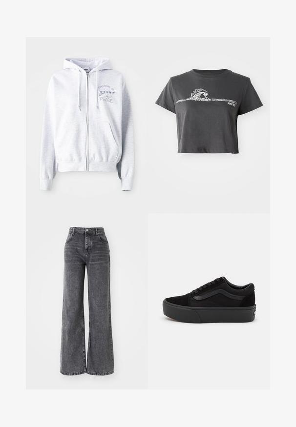 Lichtgrijze hooded zip-up met een kangoeroezak. Heeft geborduurde tekst: "FREEDOM IS" boven een kat en "PEACE" eronder. Zachte katoenmix stof.; Donkere grijze cropped T-shirt met een witte gestileerde golf, palmboom grafiek en "ROXY" tekst op de voorkant.; Wijde grijze denim broek met een hoge taille, voorzien van traditionele vijf-pocket styling en een subtiele vervaagde afwerking.; Zwarte sneaker gemaakt van suede en canvas, met een ronde neus, vlakke vetersluiting en een dikke rubberen zool met subtiele branding.