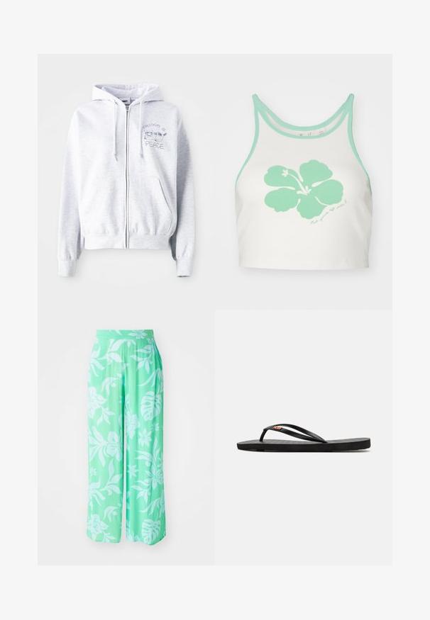 Felpa con cremallera de color gris claro y un bolsillo tipo canguro. Presenta texto bordado: "LA LIBERTAD ES" encima de un gato y "PAZ" debajo. Tela suave de mezcla de algodón.; Camiseta corta blanca con ribete verde menta y un gran gráfico de flor de hibisco verde menta en el frente, con un detalle de texto manuscrito debajo.; Pantalones de pierna ancha verde claro con un estampado floral en blanco. Fabricados con tejido texturizado, presentan una cinturilla elástica y un corte holgado.; Chanclas negras con suela plana, que presentan correas delgadas y una plantilla texturizada. Pequeño logo en la correa. Diseño simple y minimalista.