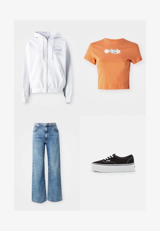 Hellgrauer Reißverschluss-Hoodie mit Kängurutasche. Mit gesticktem Text: "FREIHEIT IST" über einer Katze und "FRIEDEN" darunter. Weicher Baumwollmix.; Kurzes oranges T-Shirt aus Baumwolle mit kurzen Ärmeln, verziert mit weißen und hellblauen gestickten Blumen auf der Vorderseite.; Hellblaue Denim-Jeans mit weit geschnittenem Bein und hoher Taille, ausgestattet mit fünf Taschen, einer Knopfverschluss und kontrastierender Naht entlang der Nähte.; Schwarze Leinensneaker mit einer weißen Gummiplattformsohle, weißen Schnürsenkeln und Nähten, ikonischer Markenaufdruck an der Seite, im Low-Top-Design.