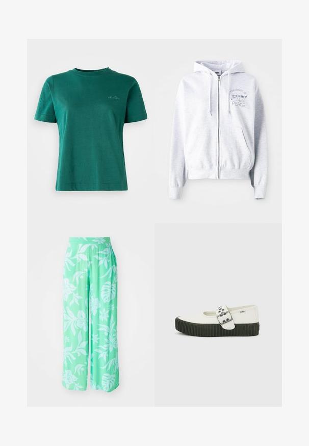 Felpa con cremallera de color gris claro y un bolsillo tipo canguro. Presenta texto bordado: "LA LIBERTAD ES" encima de un gato y "PAZ" debajo. Tela suave de mezcla de algodón.; Camiseta verde de manga corta, hecha de una tela suave, con escote redondo y un sutil acento de logo en la parte delantera.; Pantalones de pierna ancha verde claro con un estampado floral en blanco. Fabricados con tejido texturizado, presentan una cinturilla elástica y un corte holgado.; Zapato Mary Jane de Vans blanco con suela gruesa negra acanalada y una gran hebilla plateada en una correa, sobre un fondo gris liso.