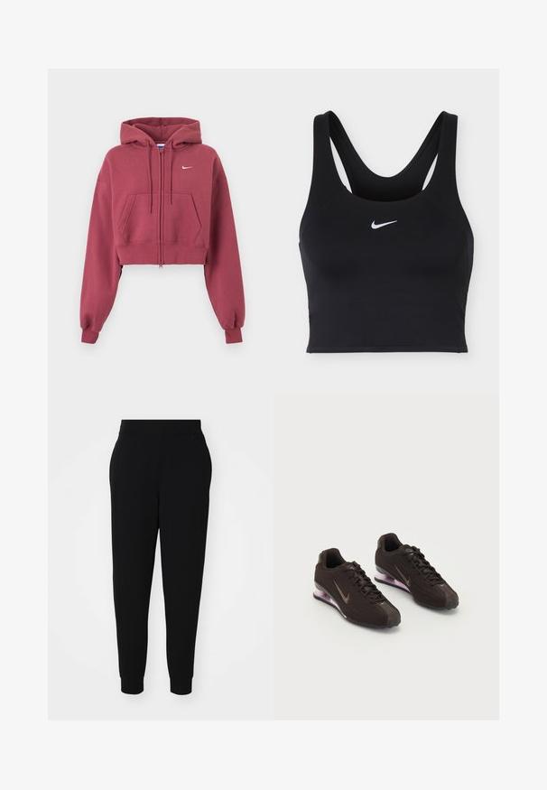 Vinrød cropped hættetrøje med lynlås foran, forlommer, justerbar snøre på hætten, ribkanter ved ærmerne og lille hvid Nike-logo på brystet.; Sort Nike sports-bh med brede stropper og hvid Nike swoosh-logo centreret foran.; Sorte joggerbukser lavet af blødt stof, med en tapered ben, elastisk talje og ribbede manchetter med sidesømmer for et skræddersyet udseende.; Sorte atletiksko med en tekstureret overdel, brune detaljer og en lilla luftfyldt sål. Snørebåndsdesign med fremtrædende branding.