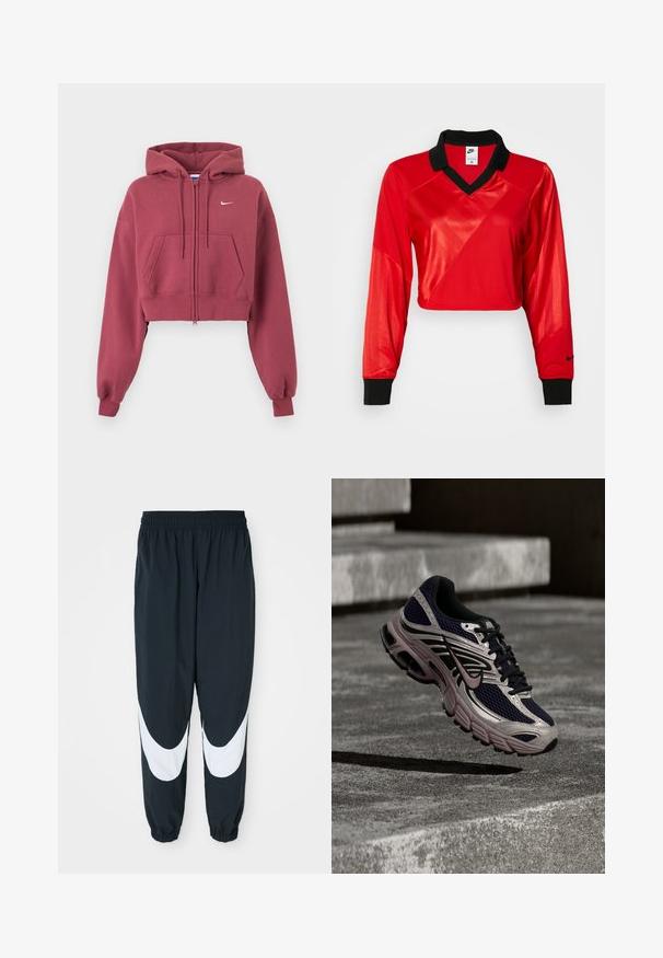 Bordový krátky mikinový sveter na zips s prednými vreckami, nastaviteľnou kapucňou so šnúrkou, rebrovanými manžetami a malým bielym logom Nike na hrudi.; Červený skrátený športový top s čiernym golierom, dlhými rukávmi, s textúrovaným vzorom a logom Nike na rukáve. Hladká a lesklá látka.; Čierne teplákové nohavice s bielymi zakrivenými panelmi, elastickým pásom a zhromaždenými manžetami, vyrobené z ľahkej látky a vo voľnom strihu.; Bežecká obuv Nike v čiernej a šedej farbe s ružovými akcentmi, vznášajúca sa nad betónovým povrchom a schodmi v tienistom vonkajšom prostredí.