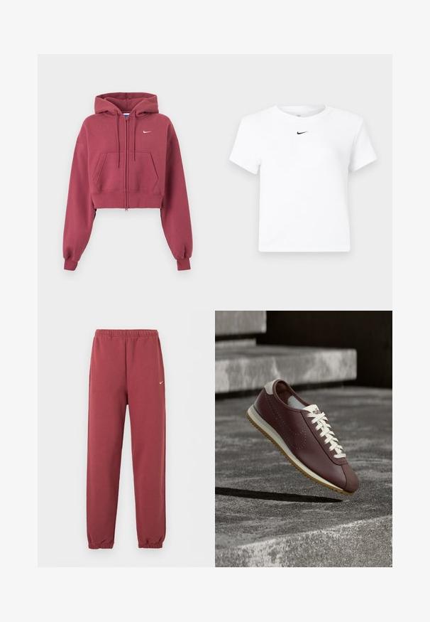 Sweat à capuche court bordeaux zippé avec poches avant, capuche réglable avec cordon, poignets côtelés et petit logo Nike blanc sur la poitrine.; T-shirt court blanc à manches courtes de Nike avec un petit logo noir Nike swoosh centré sous l'encolure.; Pantalon de jogging bordeaux avec taille et chevilles élastiques, petit logo blanc Nike sur la cuisse droite.; Baskets Nike bordeaux avec lacets blancs et semelle beige suspendues au-dessus de marches en béton gris en plein air.