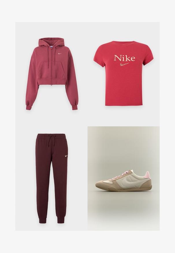 Sudadera con capucha corta en granate con cremallera, bolsillos delanteros, capucha ajustable con cordón, puños acanalados y pequeño logo blanco de Nike en el pecho.; Camiseta roja de manga corta con el texto "Nike" y un pequeño logotipo del swoosh de Nike de estampado de leopardo centrado en el pecho.; Pantalones de chándal burdeos con cintura elástica y cordón. Cuenta con puños acanalados y un pequeño logo blanco de Nike en el muslo izquierdo. Textura suave.; Zapatilla de perfil bajo en beige y blanco con cordones rosas y detalle en el talón, mostrando el logo de Nike en el lateral sobre un fondo liso.