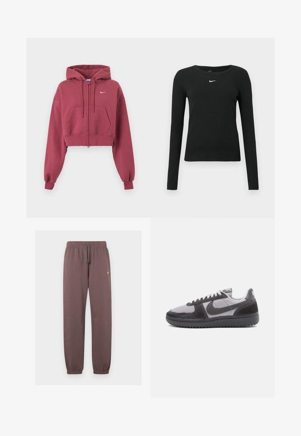 Bordový krátky mikinový sveter na zips s prednými vreckami, nastaviteľnou kapucňou so šnúrkou, rebrovanými manžetami a malým bielym logom Nike na hrudi.; Čierne priliehavé tričko s dlhým rukávom z rebrovanej látky, s okrúhlym výstrihom a jemným bielym logom Nike na hrudi.; Hnedé Nike tepláky s elastickým pásom, šnúrkou na stiahnutie, manžetami na členkoch a malým bielym logom Nike na hornej ľavej nohe.; Nízke tenisky s šedou sieťovinou, čiernymi textúrovanými vrstvami, čiernou podrážkou, bielymi šnúrkami a čiernym logom Nike na boku.