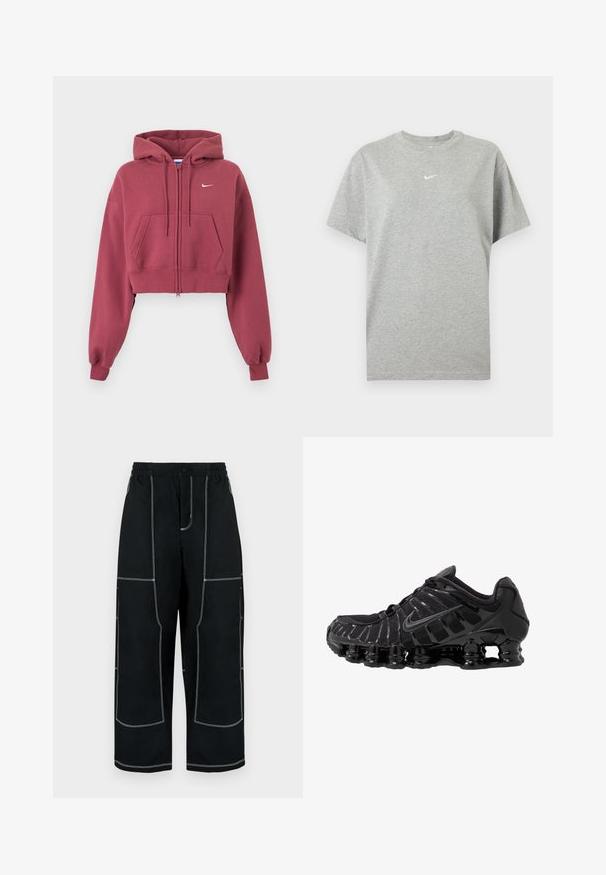 Vinrød cropped hættetrøje med lynlås foran, forlommer, justerbar snøre på hætten, ribkanter ved ærmerne og lille hvid Nike-logo på brystet.; Grå kortærmet bomuld T-shirt med rund hals og lille hvid Nike swoosh logo centreret på brystet.; Sorte viddebukser med elastisk talje, der har hvide kontrastsømme og flere lommer til praktisk brug.; Sort atletisk sko med mesh-overdel og glatte overlays. Har buet spiralbøsningsdæmpning og strukturerede linjer på siden. Nike-logoet er synligt.