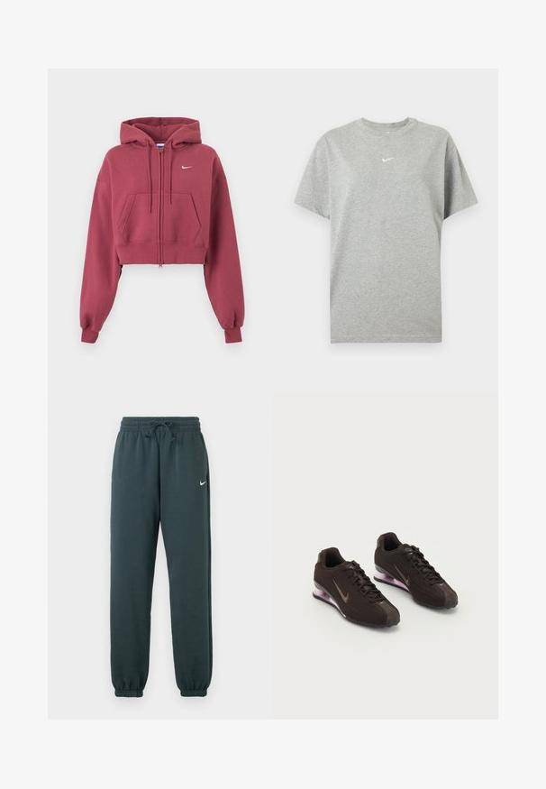 Bordový krátky mikinový sveter na zips s prednými vreckami, nastaviteľnou kapucňou so šnúrkou, rebrovanými manžetami a malým bielym logom Nike na hrudi.; Šedé bavlnené tričko s krátkym rukávom, okrúhlym výstrihom a malým bielym logom Nike swoosh v strede na hrudi.; Tmavo zelené Nike jogger nohavice vyrobené z mäkkej tkaniny, s elastickým pásom a nastaviteľnou šnúrkou, s elastickými manžetami.; Čierne športové topánky s textúrovaným zvrškom, hnedými akcentmi a fialovou vzduchovo tlmenou podrážkou. Šnurovací dizajn s výrazným brandingom.