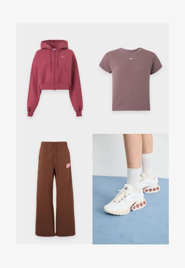 Sudadera con capucha corta en granate con cremallera, bolsillos delanteros, capucha ajustable con cordón, puños acanalados y pequeño logo blanco de Nike en el pecho.; Camiseta corta de manga corta en color malva con cuello redondo y pequeño logo blanco de Nike centrado debajo del escote.; Pantalones deportivos de pierna ancha color marrón hechos de tela suave, con una cintura elástica con cordón y un logo de Nike rosa en la parte delantera.; Zapatillas deportivas blancas con un upper texturizado, que presentan un acento rosa en los cordones y grandes burbujas de aire en la suela.