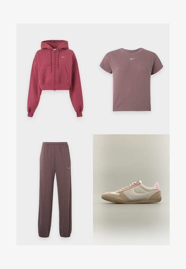 Vinrød cropped hættetrøje med lynlås foran, forlommer, justerbar snøre på hætten, ribkanter ved ærmerne og lille hvid Nike-logo på brystet.; Mauve ribbet kortærmet crop top med rund hals og lille hvid Nike-logo centreret under halsudskæringen.; Brune sweatpants med elastisk talje, sidelommer, elastiske manchetter og et lille hvidt Nike-logo på den øverste venstre lår.; Lavprofileret beige og hvid sneaker med lyserøde snørebånd og hælaccent, som viser Nike-swoosh på siden mod en ensfarvet baggrund.