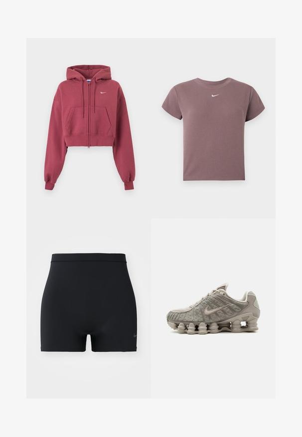 Bordeaux kort hoodie met ritssluiting, voorzakken, verstelbare trekkoordkap, geribde manchetten en klein wit Nike-logo op de borst.; Mauve ribbel kortemouwen crop top met ronde hals en klein wit Nike-logo gecentreerd onder de halslijn.; Zwarte sportshorts gemaakt van glad, elastisch materiaal, met een middelhoge tailleband en een klein Nike-logo aan de linkerkant.; Lichtbeige Nike Shox sneaker met zichtbare zuilachtige dempende zool en mesh details op het bovenwerk.