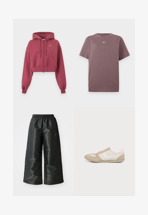 Vinrød cropped hættetrøje med lynlås foran, forlommer, justerbar snøre på hætten, ribkanter ved ærmerne og lille hvid Nike-logo på brystet.; En ensfarvet mauve kortærmet crewneck t-shirt med en lille hvid Nike swoosh centreret på brystet, præsenteret på hvid baggrund.; Sorte sportsbukser i et blankt, glat stof med en elastisk talje, brede ben og et lille logo på venstre side.; Beige og hvid sneaker med lyserøde snørebånd og hældetalje, med hvid Nike swoosh-logo på siden, vist indefra.