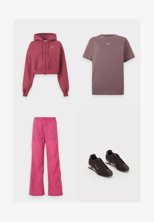 Vinrød cropped hættetrøje med lynlås foran, forlommer, justerbar snøre på hætten, ribkanter ved ærmerne og lille hvid Nike-logo på brystet.; En ensfarvet mauve kortærmet crewneck t-shirt med en lille hvid Nike swoosh centreret på brystet, præsenteret på hvid baggrund.; Lyserøde letvægtsbukser med snoreliv, bred ben-design og hvide side-striber. Glat tekstur, velegnet til afslappet brug.; Sorte atletiksko med en tekstureret overdel, brune detaljer og en lilla luftfyldt sål. Snørebåndsdesign med fremtrædende branding.