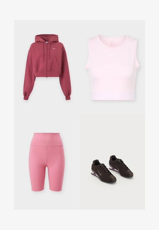 Sweat à capuche court bordeaux zippé avec poches avant, capuche réglable avec cordon, poignets côtelés et petit logo Nike blanc sur la poitrine.; Haut de sport court sans manches rose clair avec col rond et logo Nike Swoosh blanc sur la poitrine et la ceinture.; Shorts de cycliste roses taille haute avec un design lisse et sans coutures, longueur mi-cuisse sur fond blanc.; Baskets de sport noires avec une tige texturée, des accents marron et une semelle à coussin d'air violette. Design à lacets avec une marque bien visible.